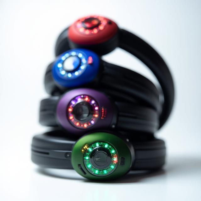 Stack of multicolour silent disco headphones
